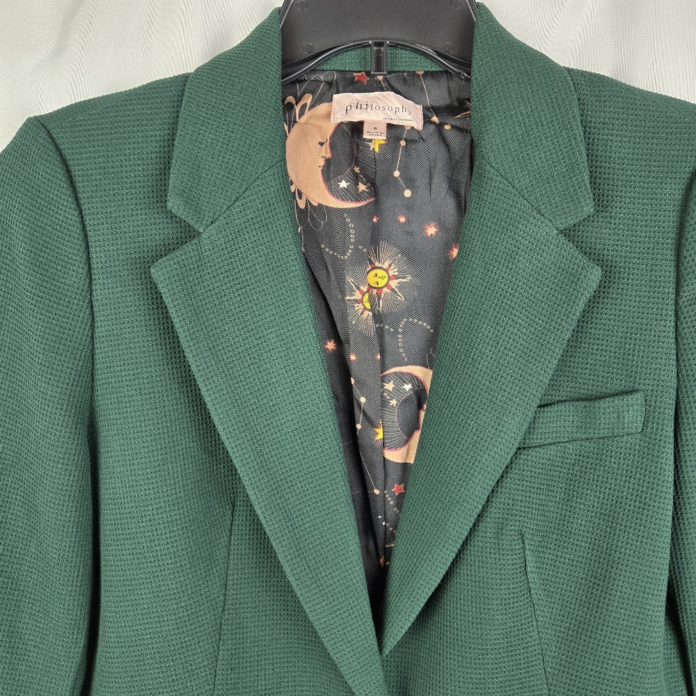 Philosophy Womens Size 6 Green Waffle Knit Celestial Print Lined Blazer Jacket - Picture 3 of 13
